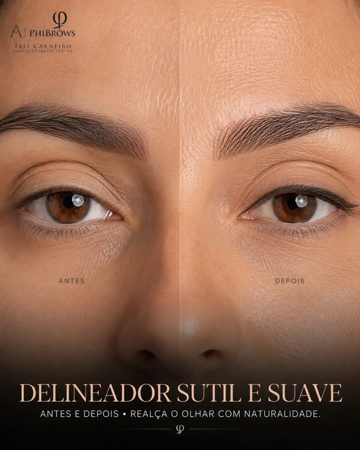 Comparação antes e depois de um delineado subtil